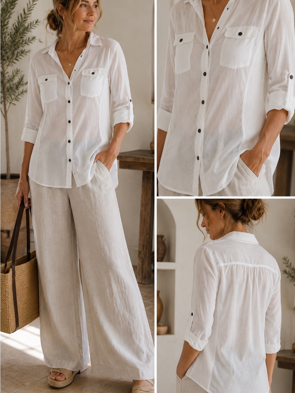 Elan White Cotton Button Down Shirt Ribbed Side Panels 3/4 Sleeve Large